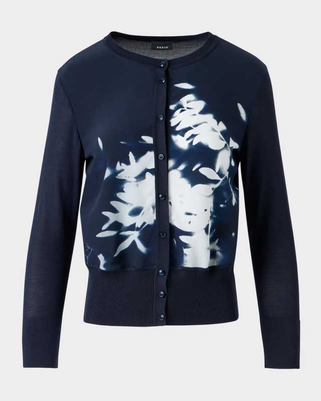 Wildflower-Print Silk Panel Crewneck Cardigan